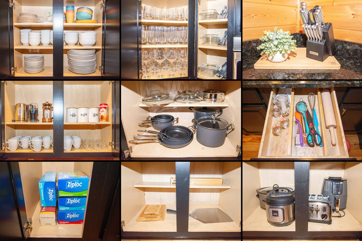 A close-up of open shelving displaying an array of dishes, glassware, and cooking utensils, alongside visible appliances. The scene emphasizes readiness for meal prep, group dining, and entertaining, with a functional and inviting layout.
